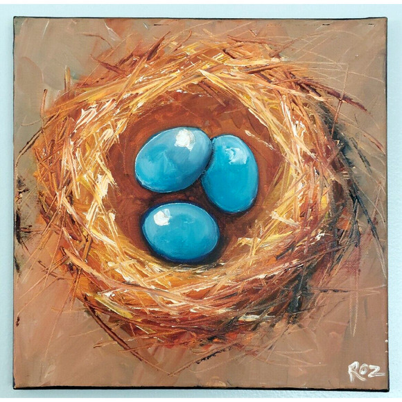 Nest & 3 Blue Eggs #133 Original 12 X 12 Inch Oil Painting by Roz - Picture 1 of 5